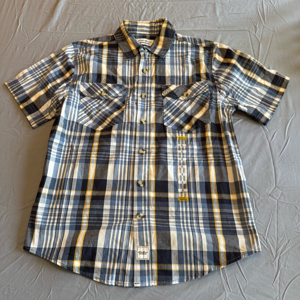 Eddie Bauer Workwear Foreman Fit Blue and Yellow Plaid Casual Button Down Shirt